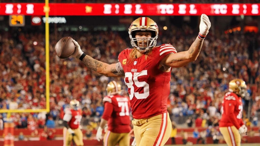Jan 28, 2024; Santa Clara, California, USA; San Francisco 49ers tight end George Kittle (85) reacts after a play against the Detroit Lions during the second half of the NFC Championship football game at Levi's Stadium.