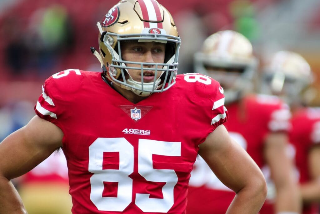 Nov 26, 2017; Santa Clara, CA, USA; San Francisco 49ers tight end George Kittle (85) before the game against the Seattle Seahawks at Levi's Stadium.