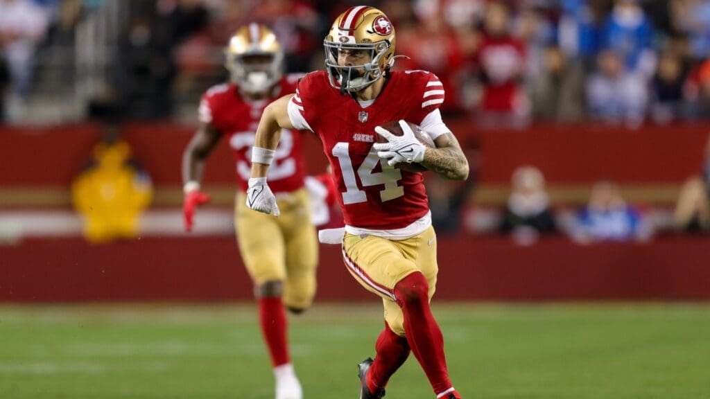 Dec 30, 2024; Santa Clara, California, USA; San Francisco 49ers wide receiver Ricky Pearsall (14) during the game against the Detroit Lions at Levi's Stadium.