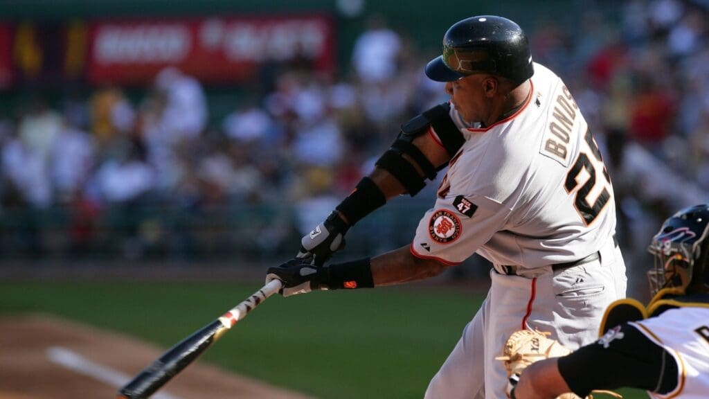 Aug 13, 2007; Pittsburgh, PA, USA; San Francisco Giants left fielder (25) Barry Bonds grounds out in his first plate appearance against the Pittsburgh Pirates at PNC Park in Pittsburgh, PA. The Pirates beat the Giants 3-1 in game 1.