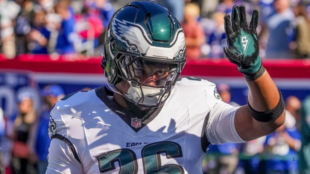 Oct 20, 2024; East Rutherford, New Jersey, USA; Philadelphia Eagles running back (and former NY Giants back) Saquon Barkley (26) greets fans at MetLife Stadium.