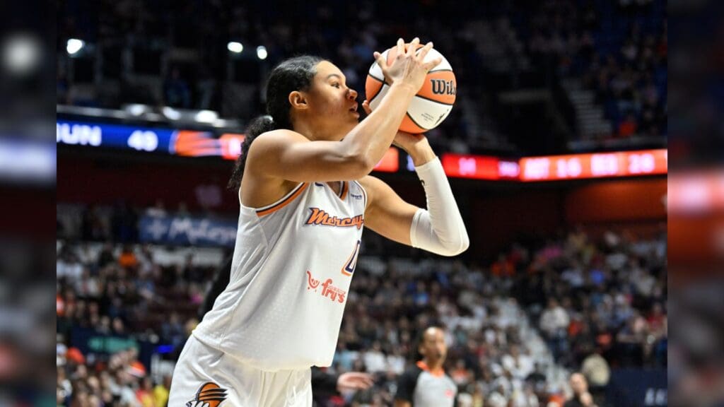 Jun 18, 2025; Uncasville, Connecticut, USA; Phoenix Mercury forward Satou Sabally (0) shoots the ball against the Connecticut Sun during the second half at Mohegan Sun Arena.