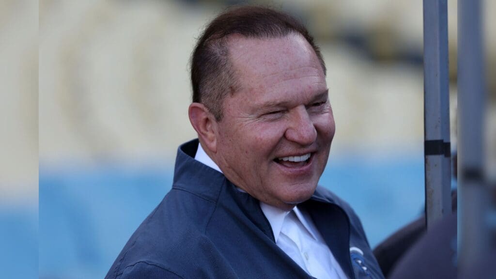 Oct 7, 2023; Los Angeles, California, USA; Agent Scott Boras watches batting practice before game one of the NLDS for the 2023 MLB playoffs between the Los Angeles Dodgers and the Arizona Diamondbacks at Dodger Stadium.