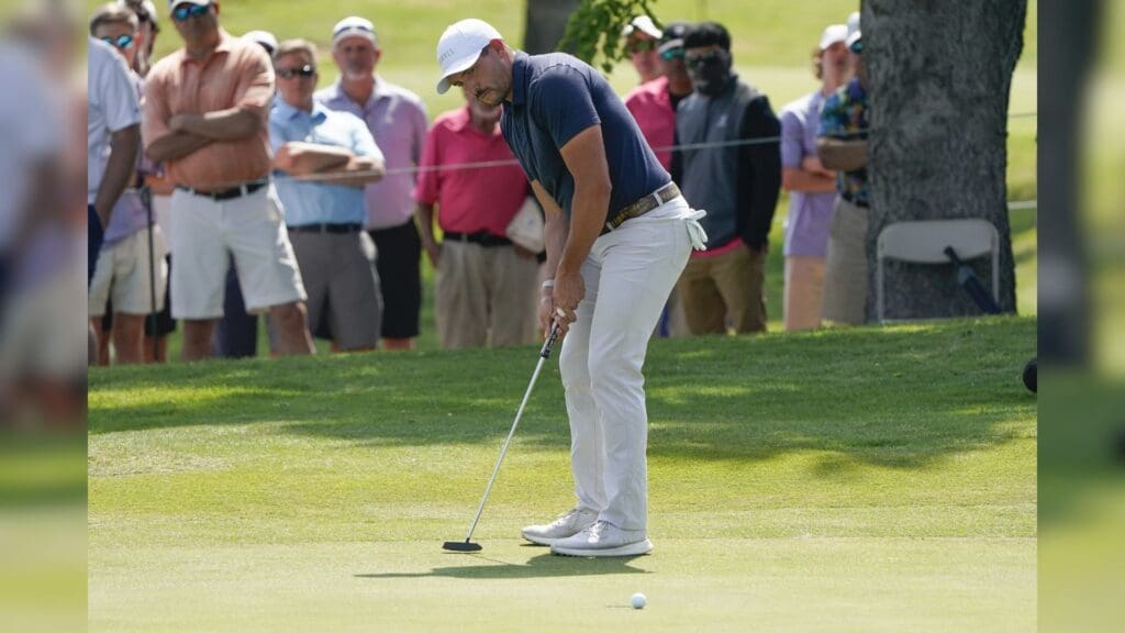 May 15, 2021; McKinney, Texas, USA; Scott Stallings putts on the 18th green during the third round of the AT&T Byron Nelson golf tournament.