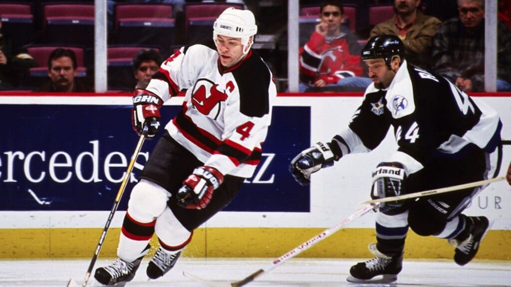 Unknown Date, 1999; East Rutherford, NJ, USA; FILE PHOTO; New Jersey Devils defensemen Scott Stevens (4) in action against Tampa Bay Lightning right wing Stephane Richer (44) at Continental Airlines Arena.