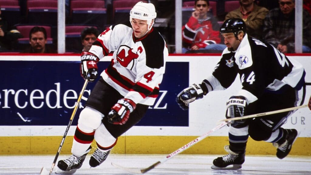 Unknown Date, 1999; East Rutherford, NJ, USA; FILE PHOTO; New Jersey Devils defensemen Scott Stevens (4) in action against Tampa Bay Lightning right wing Stephane Richer (44) at Continental Airlines Arena.