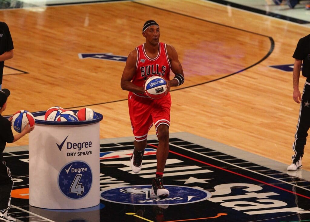 Feb 14, 2015; New York, NY, USA; Team Millsap legend Scottie Pippen shoots the basketball during the 2015 NBA All Star Shooting Stars competition at Barclays Center.