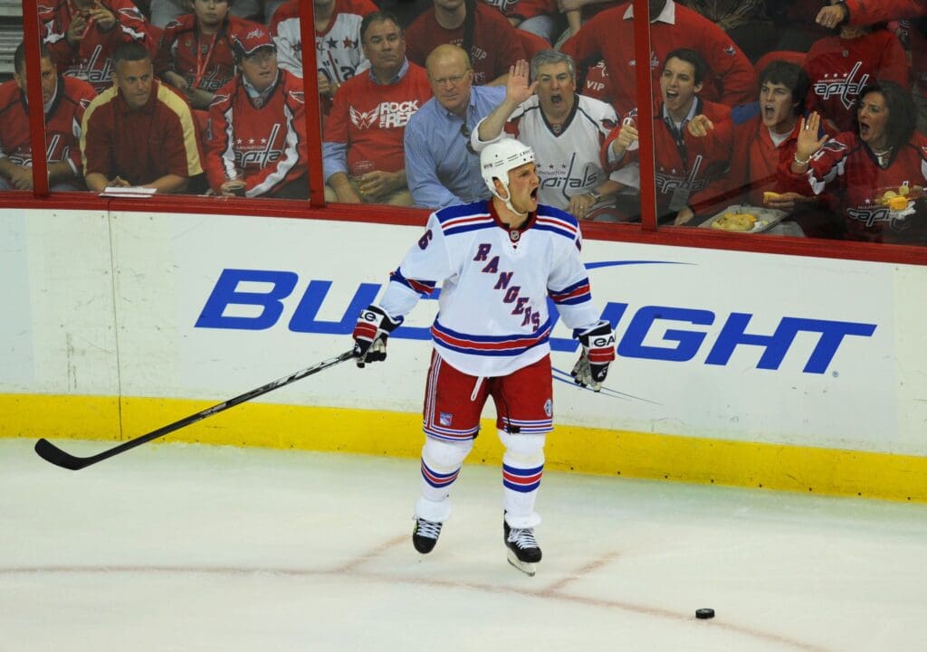 April 28, 2009; Washington, DC, USA; New York Rangers left wing Sean Avery (16) reacts to an offsides call in the third period against the Washington Capitals during game seven of the eastern conference quarterfinals of the 2009 Stanley Cup playoffs at Verizon Center. Washington won the game 2-1 to win the series 4-3.