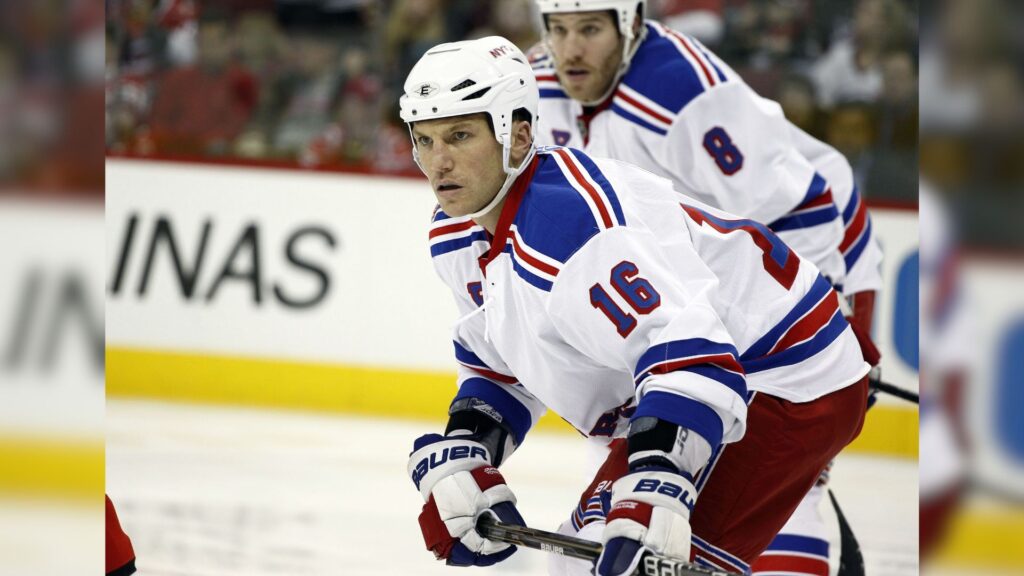 February 22, 2011; Raleigh, NC, USA; New York Rangers left wing Sean Avery (16) against the Carolina Hurricanes at the RBC center. The Rangers defeated the Hurricanes 4-3 in a shoot out.