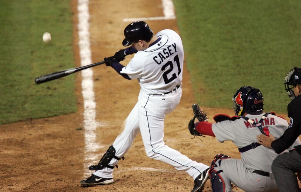 Oct 22, 2006; Detroit, MI, USA; Detroit Tigers designated hitter Sean Casey hits a single and drives in a run against the St. Louis Cardinals during the 5th inning of game 2 of the World Series at Comerica Park in Detroit, Michigan.