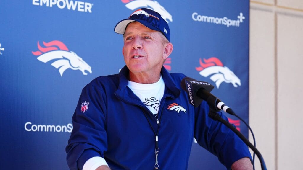 May 10, 2025; Englewood, CO, USA; Denver Broncos head coach Sean Payton speaks to the media following rookie minicamp at Broncos Park Powered by CommonSpirit.