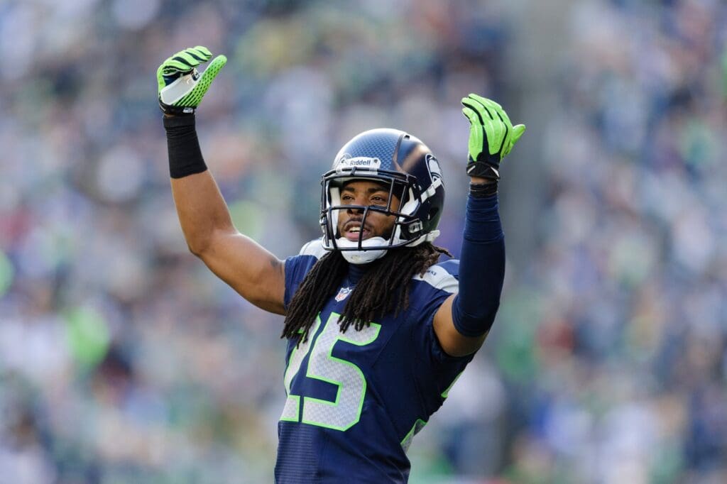 Nov 3, 2013; Seattle, WA, USA; Seattle Seahawks cornerback Richard Sherman (25) during the game between the Seattle Seahawks and the Tampa Bay Buccaneers at CenturyLink Field. Seattle defeated Tampa Bay 27-24.