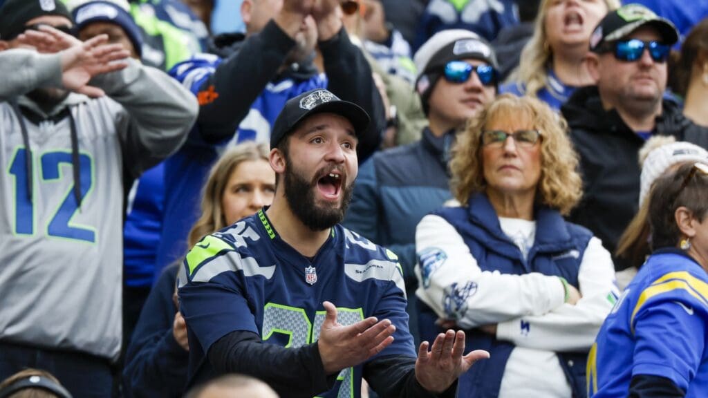 Nov 3, 2024; Seattle, Washington, USA; A Seattle Seahawks fan reacts following a play against the Los Angeles Rams during the second quarter at Lumen Field.
