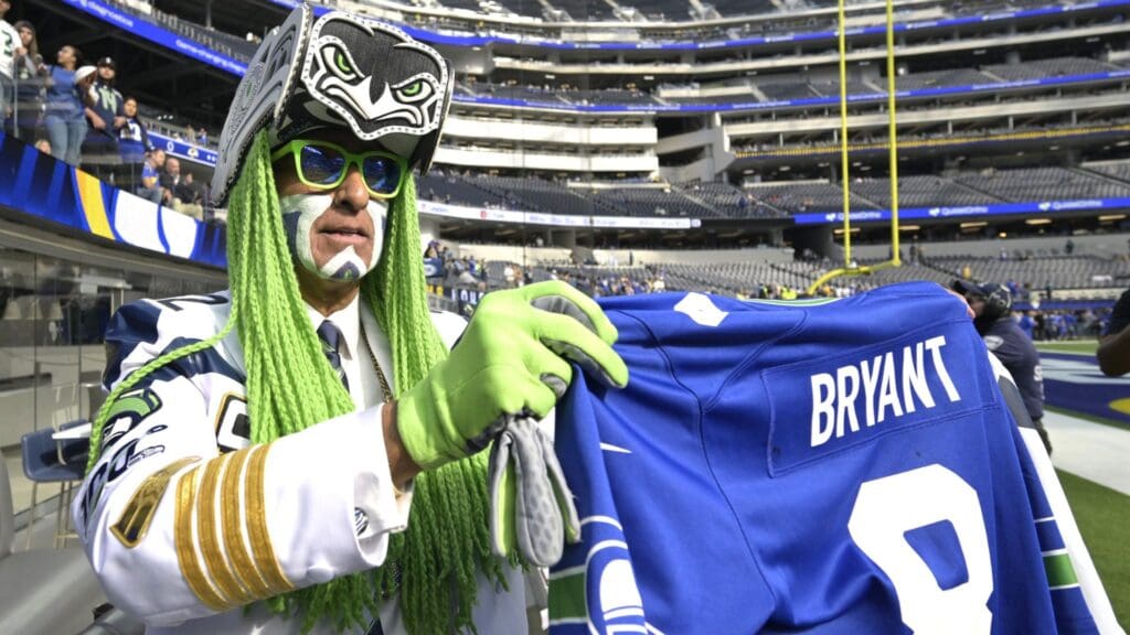 Jan 5, 2025; Inglewood, California, USA; A Seattle Seahawks fan hope for an autograph prior to the game against the Los Angeles Rams at SoFi Stadium.