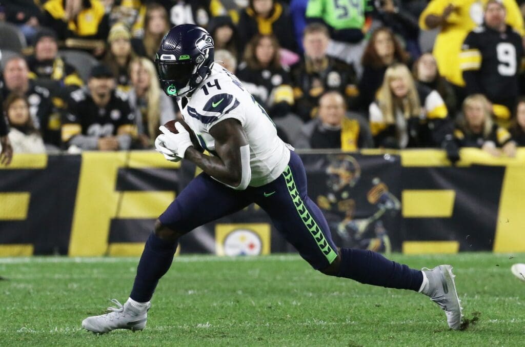 Oct 17, 2021; Pittsburgh, Pennsylvania, USA; Seattle Seahawks wide receiver DK Metcalf (14) runs after a catch against the Pittsburgh Steelers during the second quarter at Heinz Field.