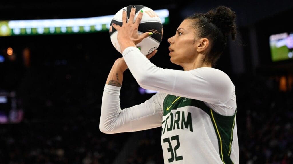 Jun 14, 2025; San Francisco, California, USA; Seattle Storm forward Alysha Clark (32) attempts a three point basket against the Golden State Valkyries in the fourth quarter at Chase Center.