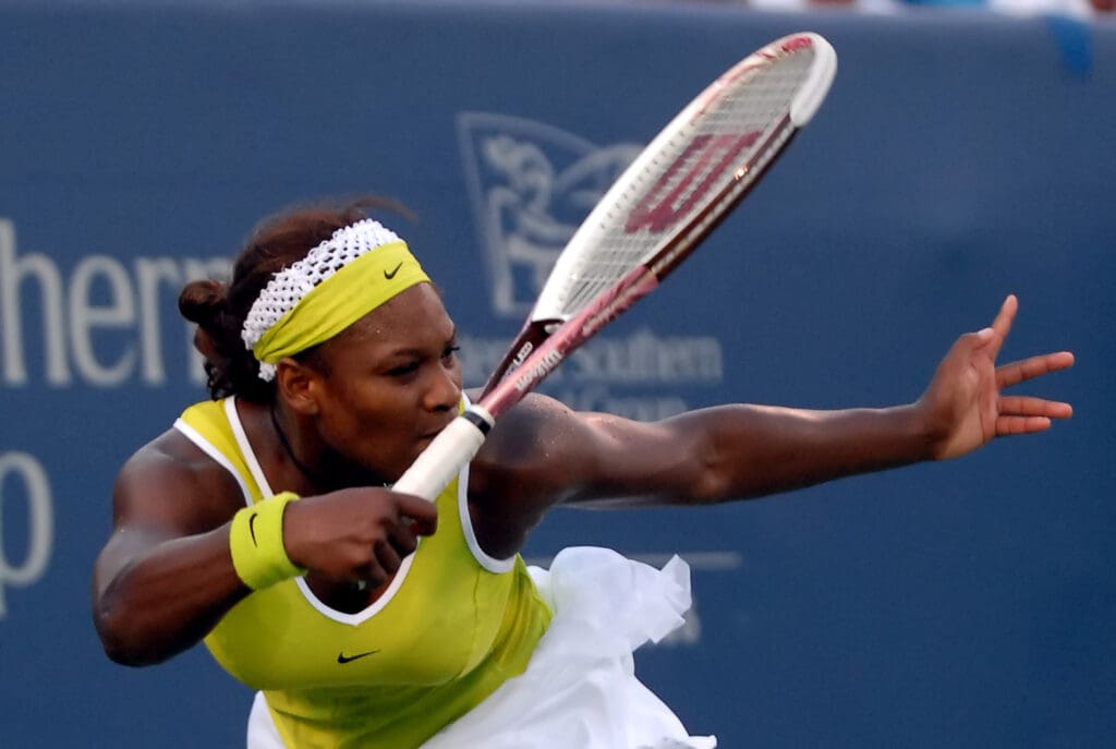 July 18, 2006; Cincinnati, OH, USA; Serena Williams returns a volley from Anastasia Myskina (not pictured) in the first round of the Western and Southern Financial Womens Open at Lindner Family Tennis Center in Mason, OH.