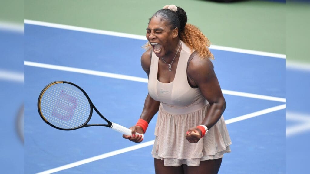 Sep 7, 2020; Flushing Meadows, New York, USA; Serena Williams of the United States celebrates after match point against Maria Sakkari of Greece (not pictured) on day eight of the 2020 U.S. Open tennis tournament at USTA Billie Jean King National Tennis Center.