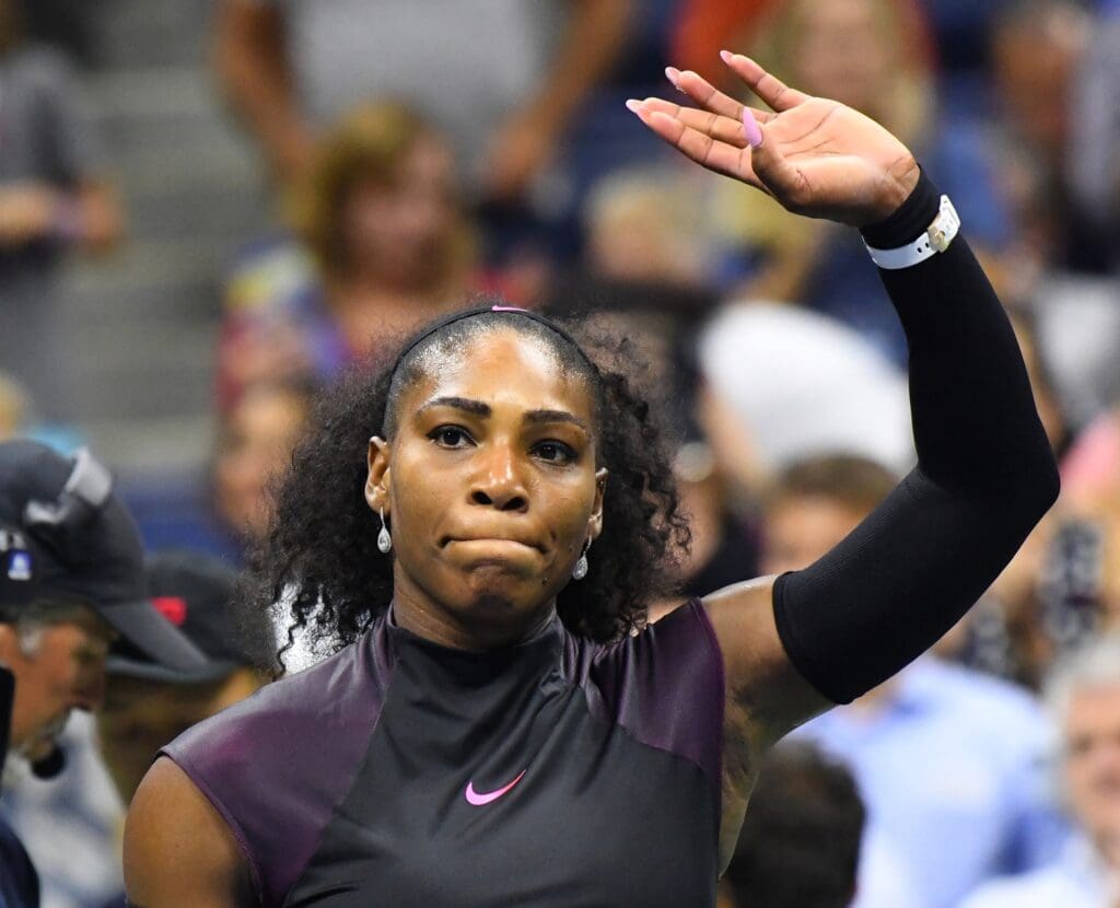 Sept 1, 2016; New York, NY, USA; Serena Williams of the USA waves to the crowd after defeating Vania King of USA (not pictured) on day four of the 2016 U.S. Open tennis tournament at USTA Billie Jean King National Tennis Center.