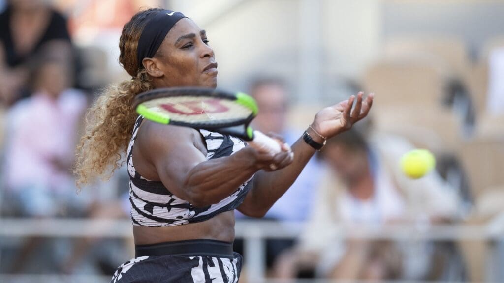 Jun 1, 2019; Paris, France: Serena Williams (USA) in action during her match against Sofia Kenin (USA) on day seven of the 2019 French Open at Stade Roland Garros