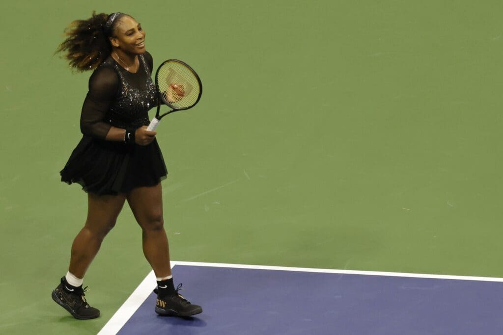 Aug 29, 2022; Flushing, NY, USA; Serena Williams (USA) celebrates after match point against Danka Kovinic (MNE) (not pictured) on day one of the 2022 U.S. Open tennis tournament at USTA Billie Jean King National Tennis Center.