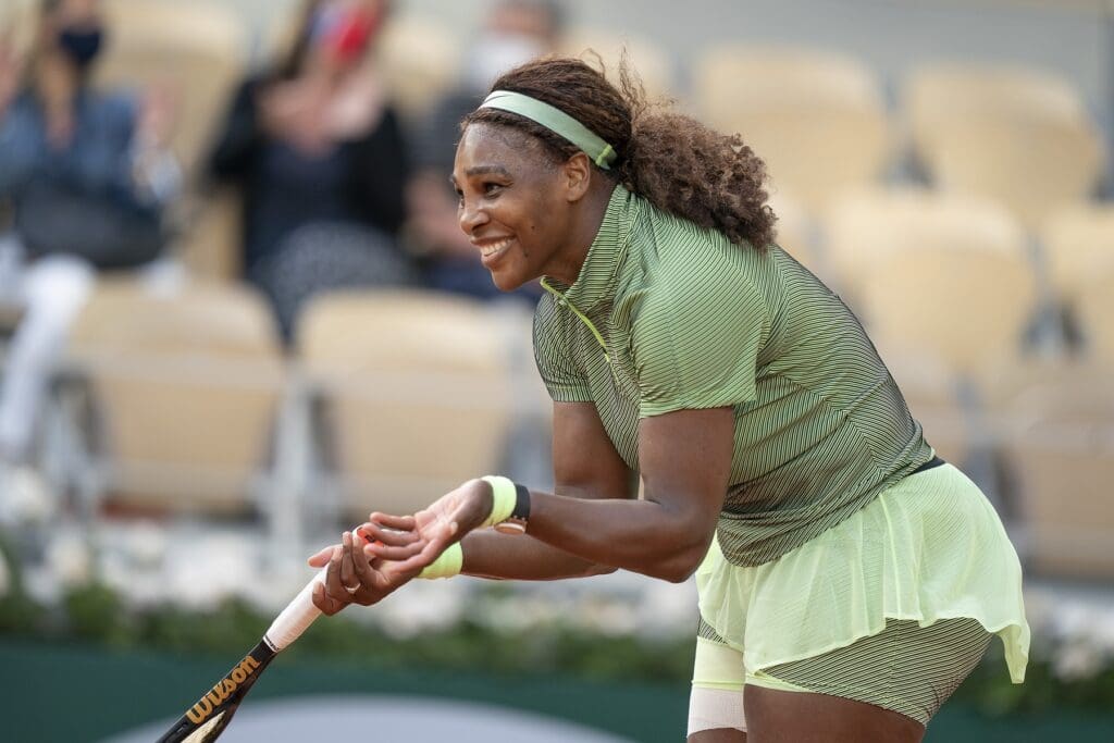Jun 2, 2021; Paris, France; Serena Williams (USA) reacts during her match against Mihaela Buzarnescu (ROU) on day four of the French Open at Stade Roland Garros.