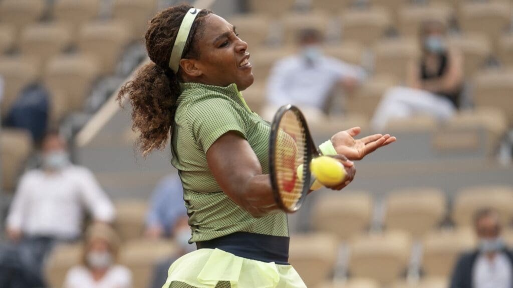 Jun 2, 2021; Paris, France; Serena Williams (USA) in action during her match against Mihaela Buzarnescu (ROU) on day four of the French Open at Stade Roland Garros