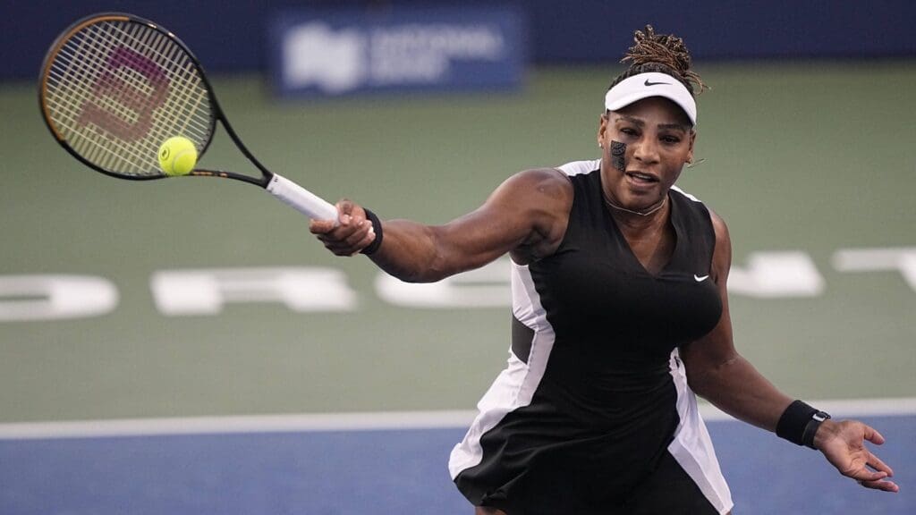 Aug 10, 2022; Toronto, ON, Canada; Serena Williams (USA) returns to Belinda Bencic (not pictured) at Sobeys Stadium.