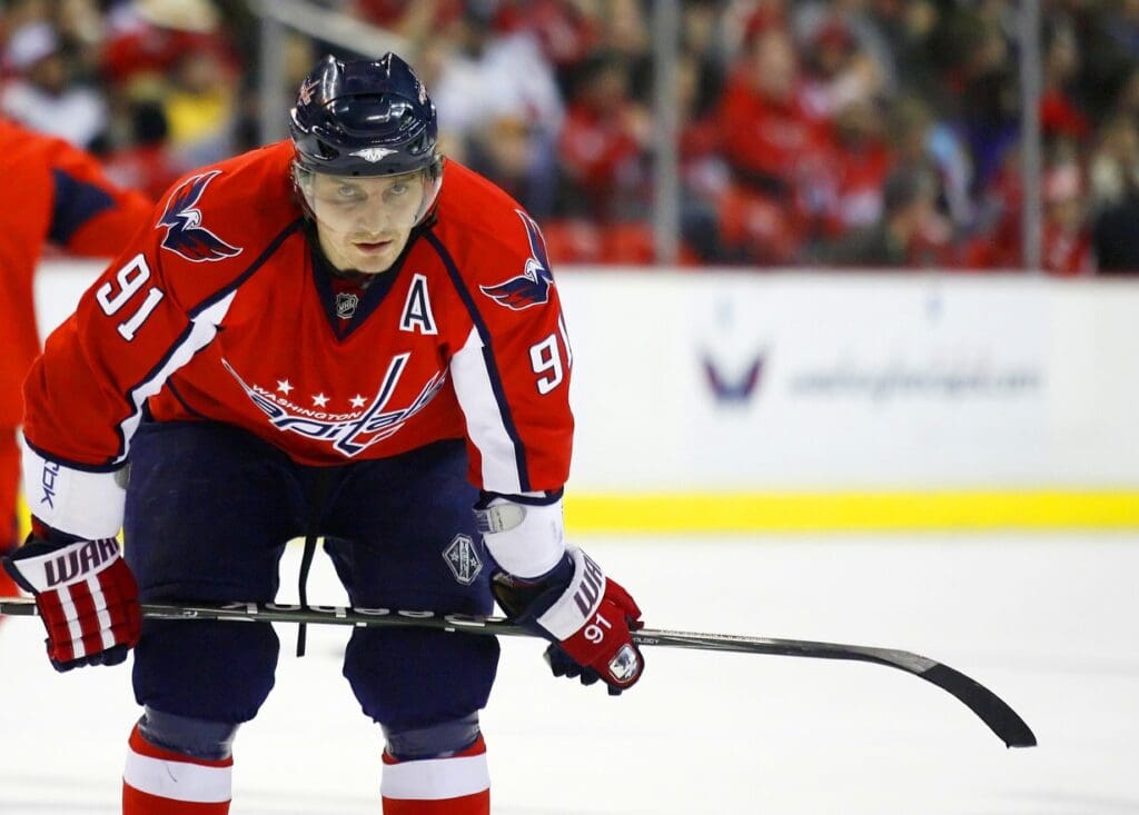 March 1, 2009; Washington, DC, USA; Washington Capitals center Sergei Fedorov (91) looks on during a timeout against the Florida Panthers in the second period at Verizon Center. The Panthers won 6-2.