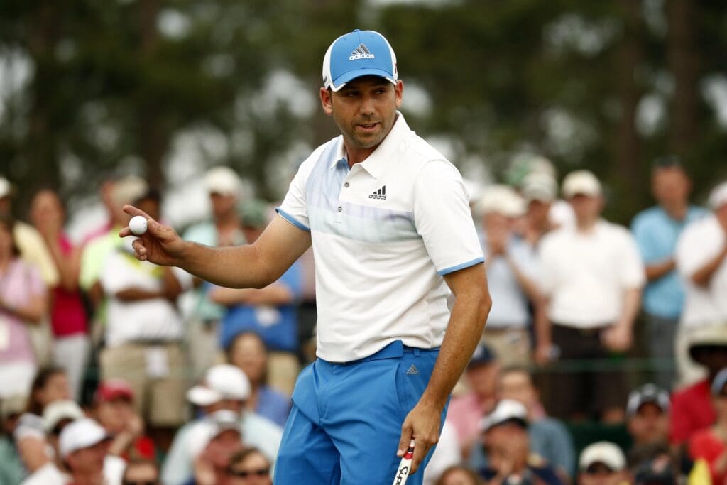 Apr 9, 2015; Augusta, GA, USA; Sergio Garcia waves to the crowd after completing his first round of The Masters golf tournament at Augusta National Golf Club.