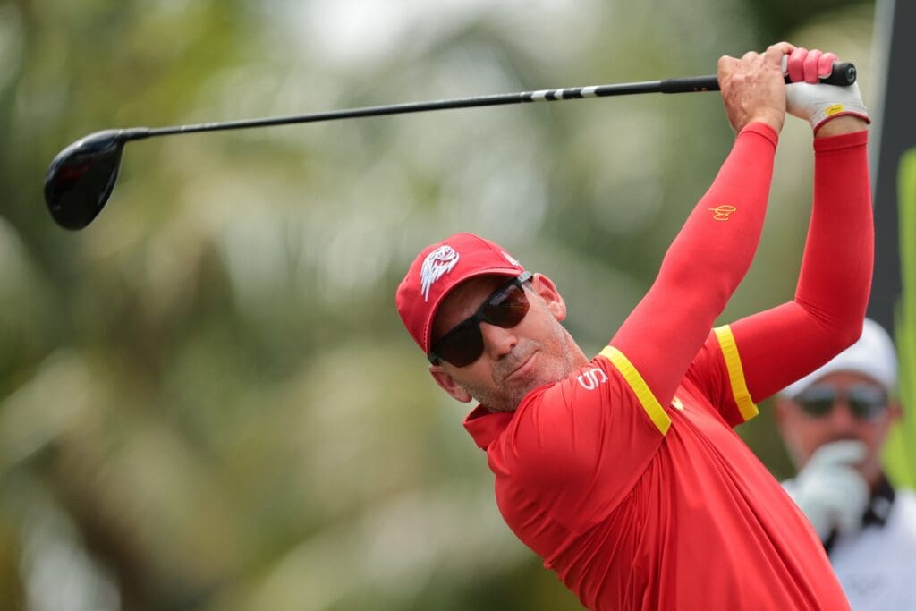 Apr 6, 2025; Miami, Florida, USA; Sergio Garcia plays his shot from the second tee during the final round of the LIV Golf Miami golf tournament at Trump National Doral.