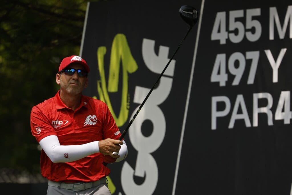 Jun 6, 2025; Gainesville, Virginia, USA; Sergio Garcia of team Fireballs GC watches his tee shot on the third hole during the first round of the LIV Golf Virginia golf tournament at Robert Trent Jones Golf Club.
