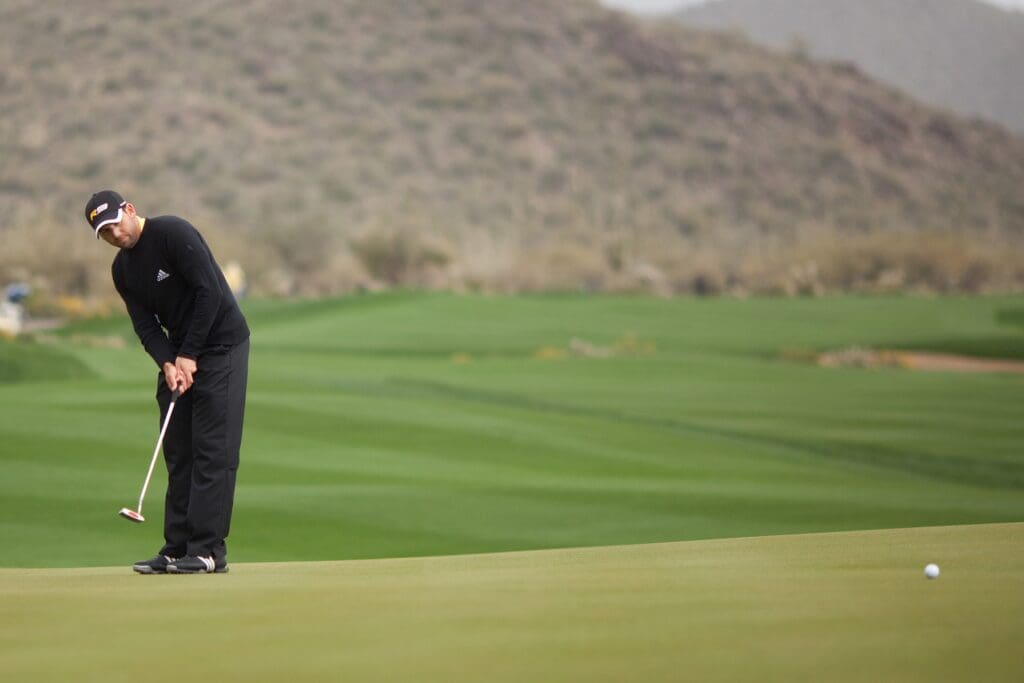 February. 20, 2010; Marana, AZ, USA; Sergio Garcia putts on the 14th hole during the semi-final round of the Accenture Match Play Championship at the Ritz-Carlton Golf Club, Dove Mountain.