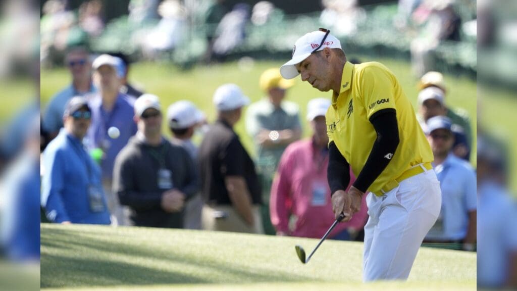 Apr 11, 2025; Augusta, Georgia, USA; Sergio Garcia chips to the sixth green during the second round of the Masters Tournament at Augusta National Golf Club.