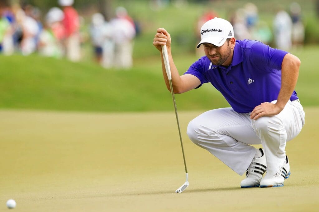 May 10, 2012; Ponte Vedra Beach, FL, USA; Sergio Garcia sets up for his putt on the 14th during the first round of the PLAYERS Championship at TPC Sawgrass