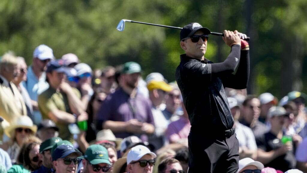 Apr 8, 2025; Augusta, Georgia, USA; Sergio Garcia tees off on no. 12 during a practice round of the Masters Tournament at Augusta National Golf Club