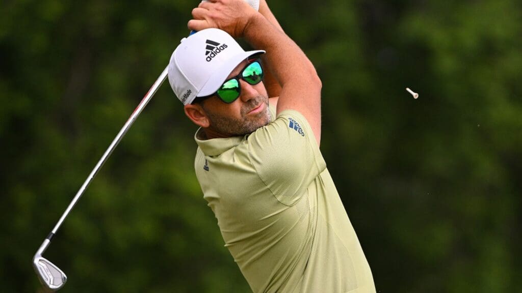 May 20, 2022; Tulsa, OK, USA; Sergio Garcia plays his shot from the 11th tee during the second round of the PGA Championship golf tournament at Southern Hills Country Club