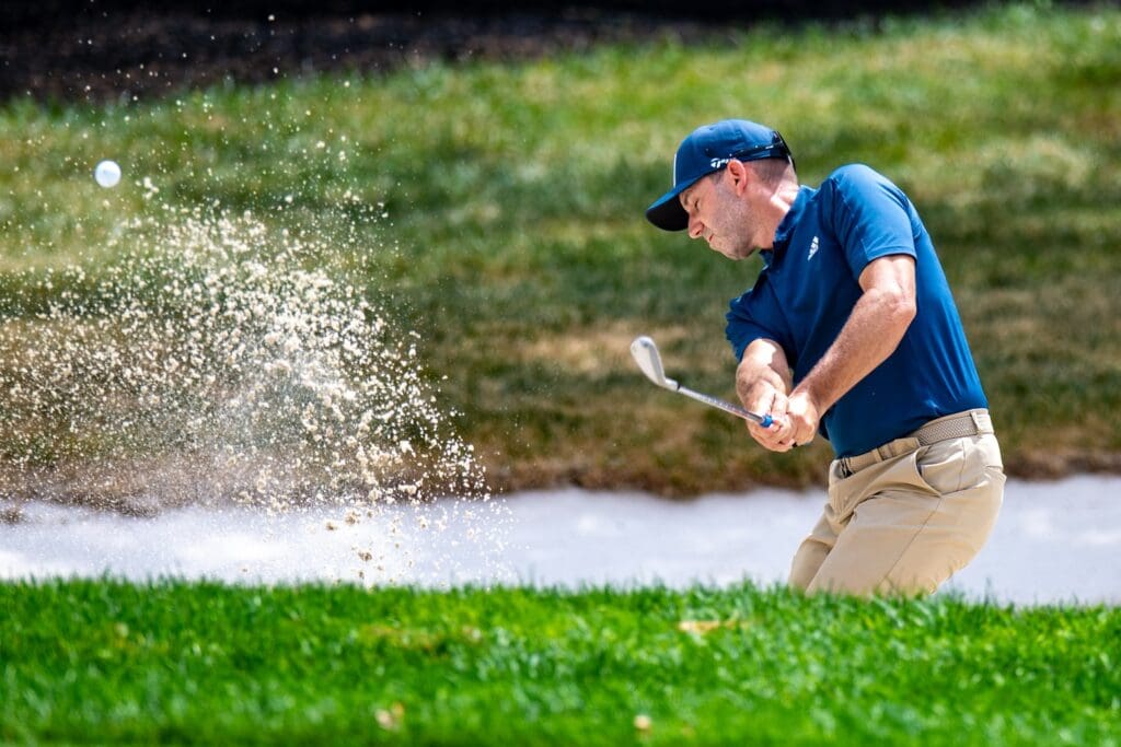 Jul 28, 2022; Bedminster, NJ, USA; Sergio Garcia chips out of a bunker during the LIV Invitational Pro-Am at Trump National Golf Club Bedminster