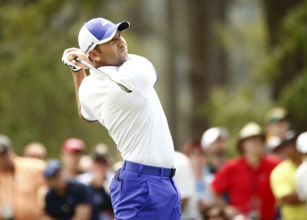 Apr 11, 2015; Augusta, GA, USA; Sergio Garcia hits his shot from the 1st fairway during the third round of The Masters golf tournament at Augusta National Golf Club