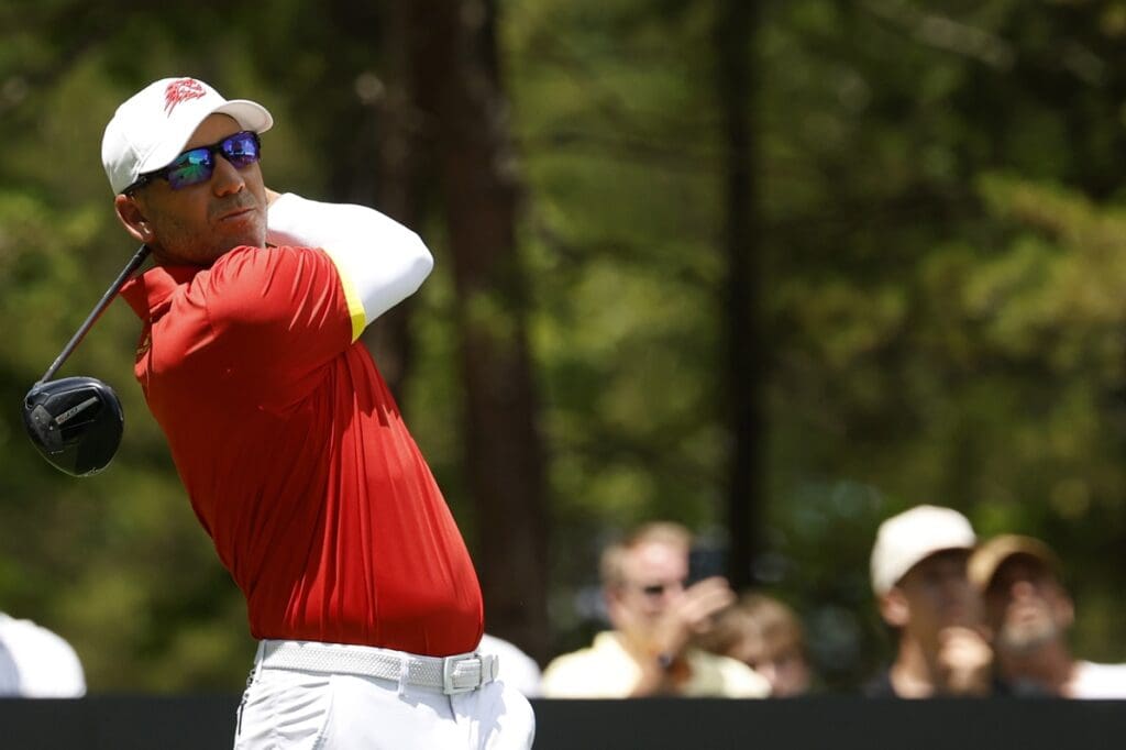 Jun 7, 2025; Gainesville, Virginia, USA; Sergio Garcia of team Fireballs GC hits a tee shot on the fifteenth hole during the second round of the LIV Golf Virginia golf tournament at Robert Trent Jones Golf Club.