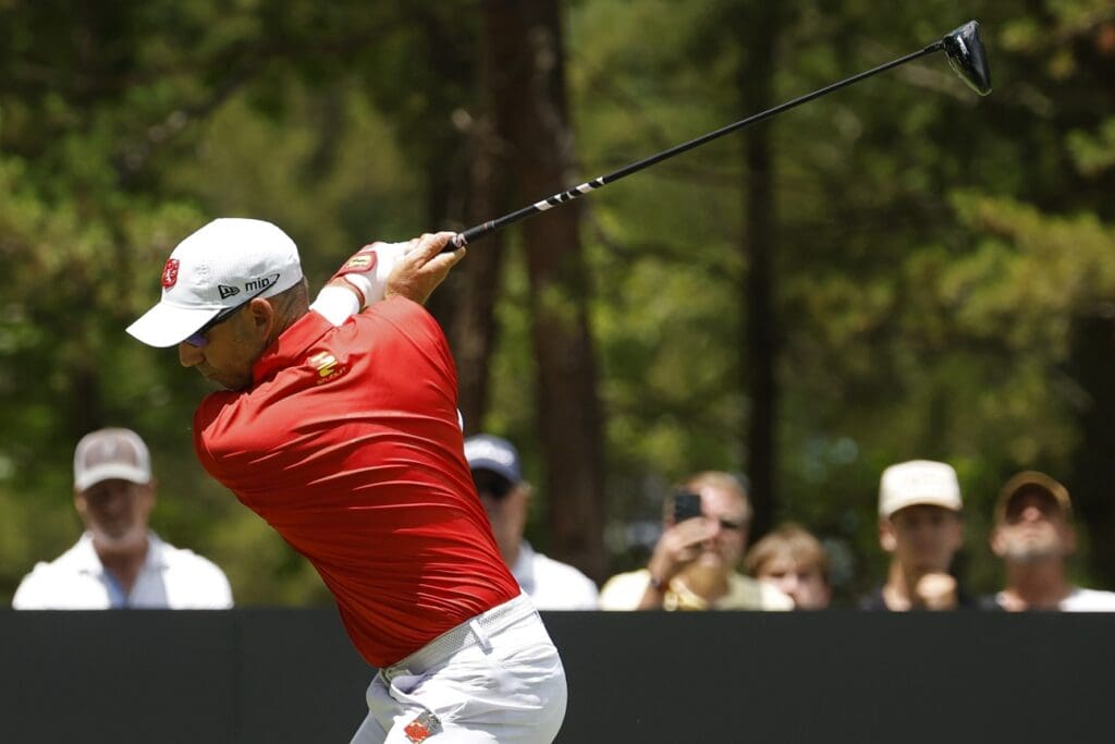 Sergio Garcia of team Fireballs GC hits a tee shot on the fifteenth hole during the second round of the LIV Golf Virginia golf tournament at Robert Trent Jones Golf Club.
