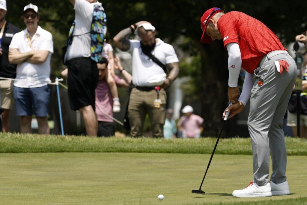 Jun 6, 2025; Gainesville, Virginia, USA; Sergio Garcia of team Fireballs GC putts on the third hole during the first round of the LIV Golf Virginia golf tournament at Robert Trent Jones Golf Club.