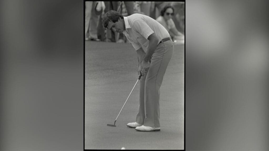 Seve Ballesteros putts at the Augusta National Golf Course during the 1983 Masters.