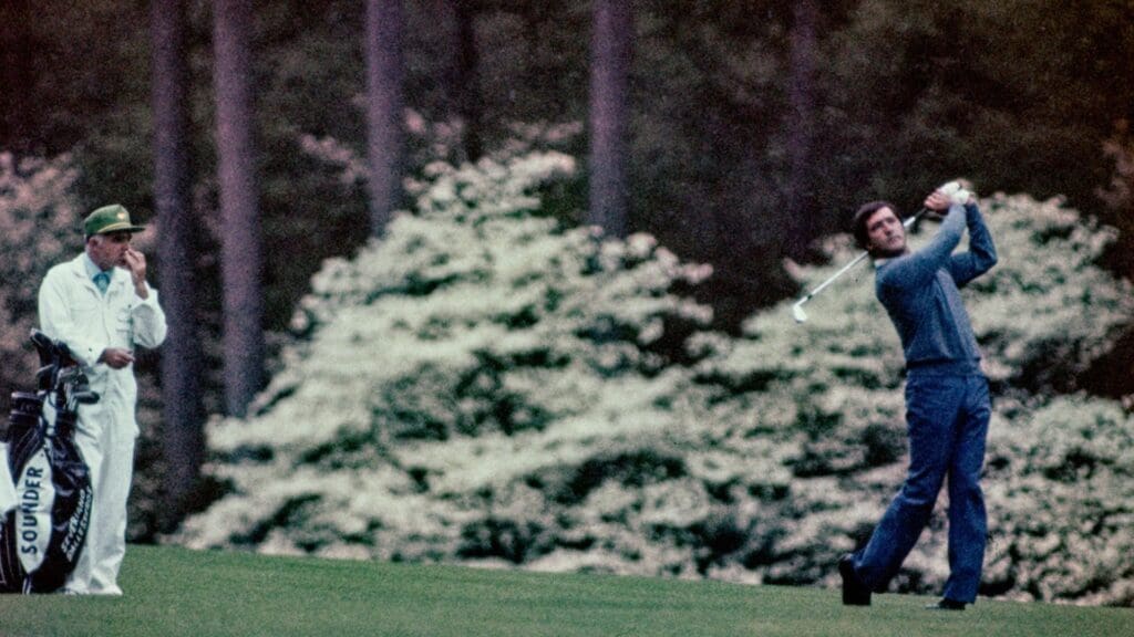 04/12/1984; Augusta, Georgia, USA; Seve Ballesteros hits ball at the Augusta National Golf Course during the 1984 Masters.