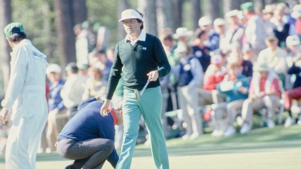 04/10/1986; Augusta, Georgia, USA; Seve Ballesteros walks off the green after retrieving the ball from the hole at the Augusta National Golf Course during the 1986 Masters.