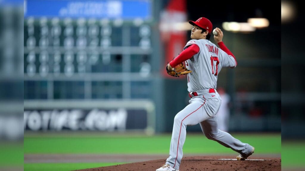 Sep 10, 2022; Houston, Texas, USA; Los Angeles Angels starting pitcher Shohei Ohtani (17) delivers a pitch against the Houston Astros during the first inning at Minute Maid Park.