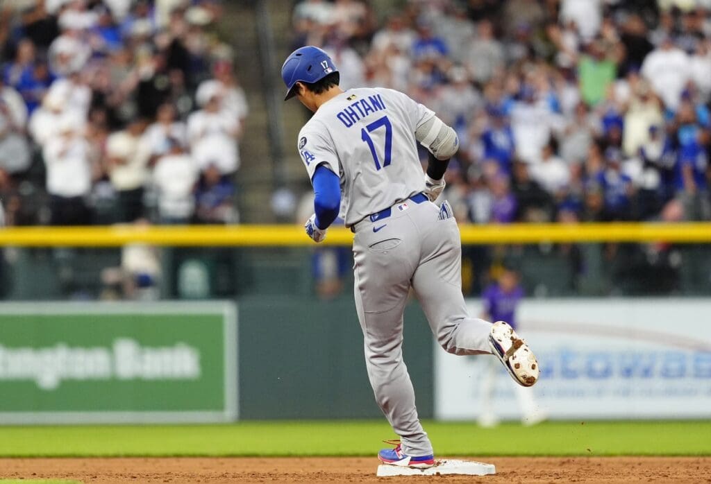Jun 24, 2025; Denver, Colorado, USA; Los Angeles Dodgers two-way player Shohei Ohtani (17) runs off a two run home run in the sixth inning against the Colorado Rockies at Coors Field.