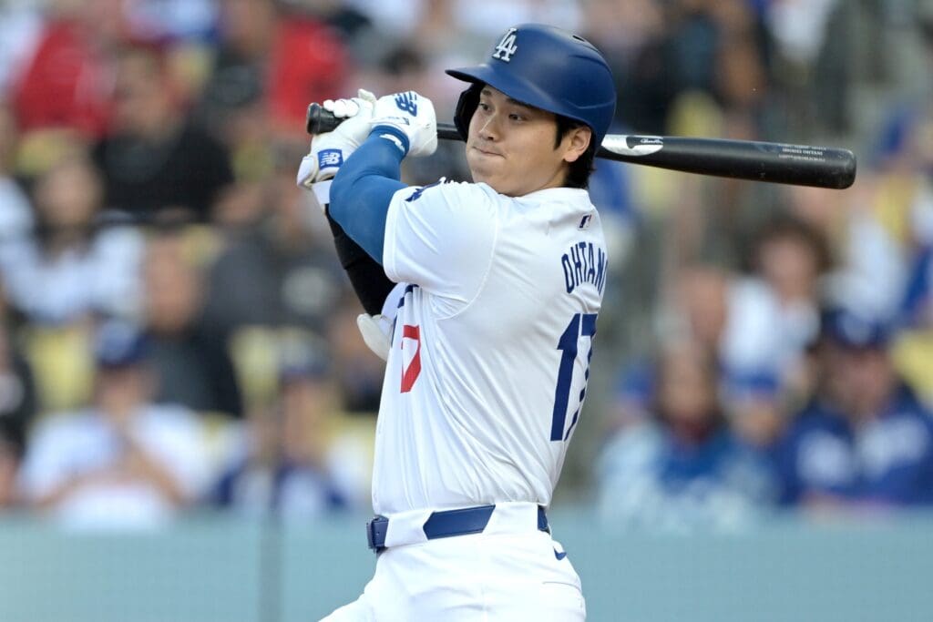 May 18, 2024; Los Angeles, California, USA; Los Angeles Dodgers designated hitter Shohei Ohtani (17) grounds out in the first inning against the Cincinnati Reds at Dodger Stadium.