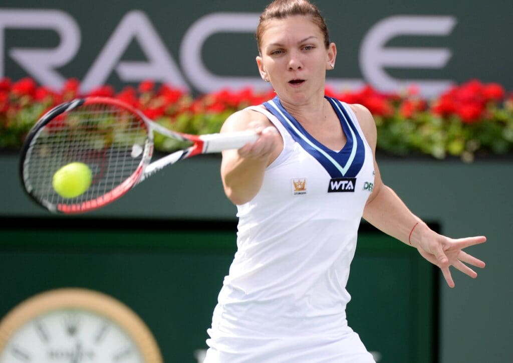 Mar 11, 2014; Indian Wells, CA, USA; Simona Halep (ROU) during her match against Eugenie Bouchard (CAN) in the BNP Paribas Open at the Indian Wells Tennis Garden. Halep won 6-2, 1-6, 6-4.