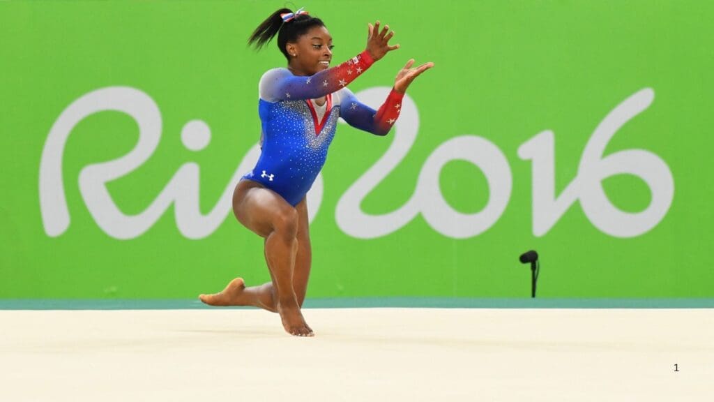 Aug 16, 2016; Rio de Janeiro, Brazil; Simone Biles (USA) competes during to the women's floor exercise final in the Rio 2016 Summer Olympic Games at Rio Olympic Arena.